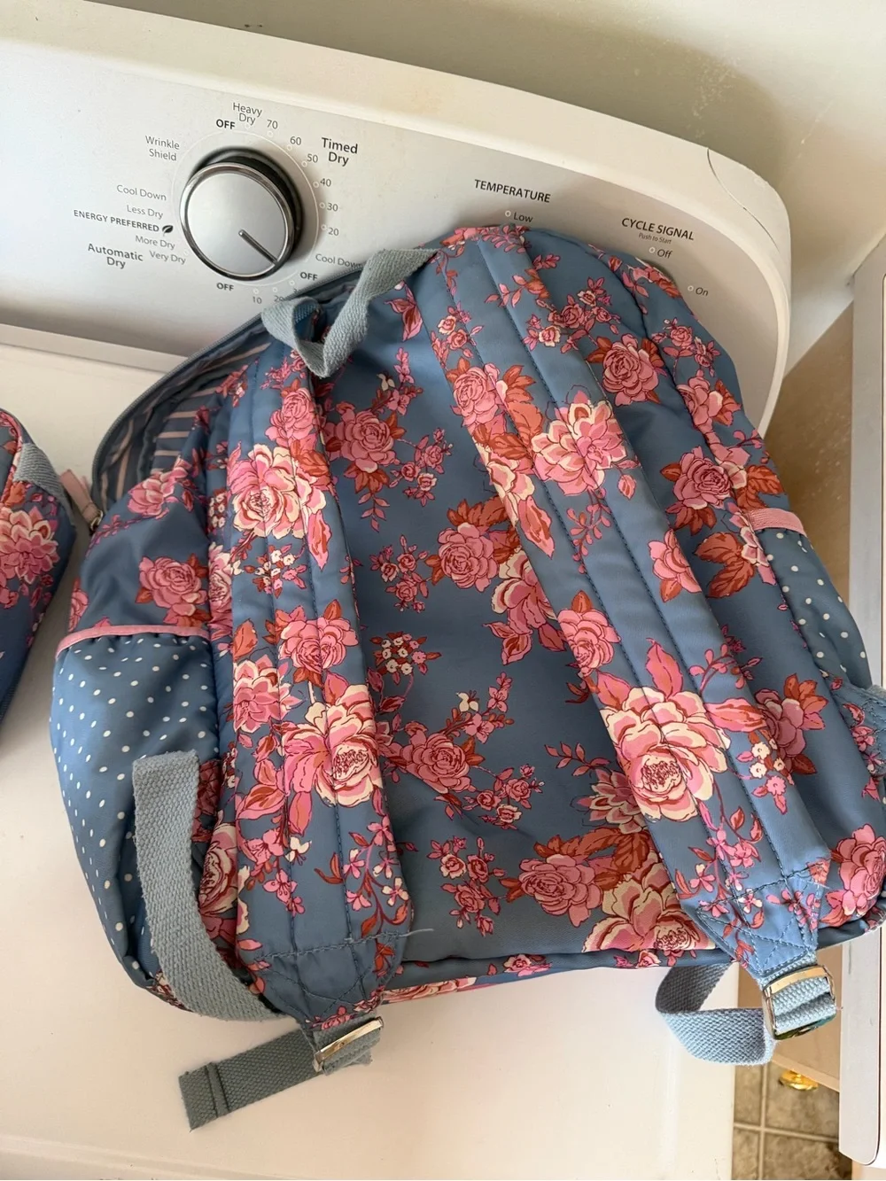 Matilda Jane Blue Floral Backpack with Pink Rose Print and Matching Lunch Bag